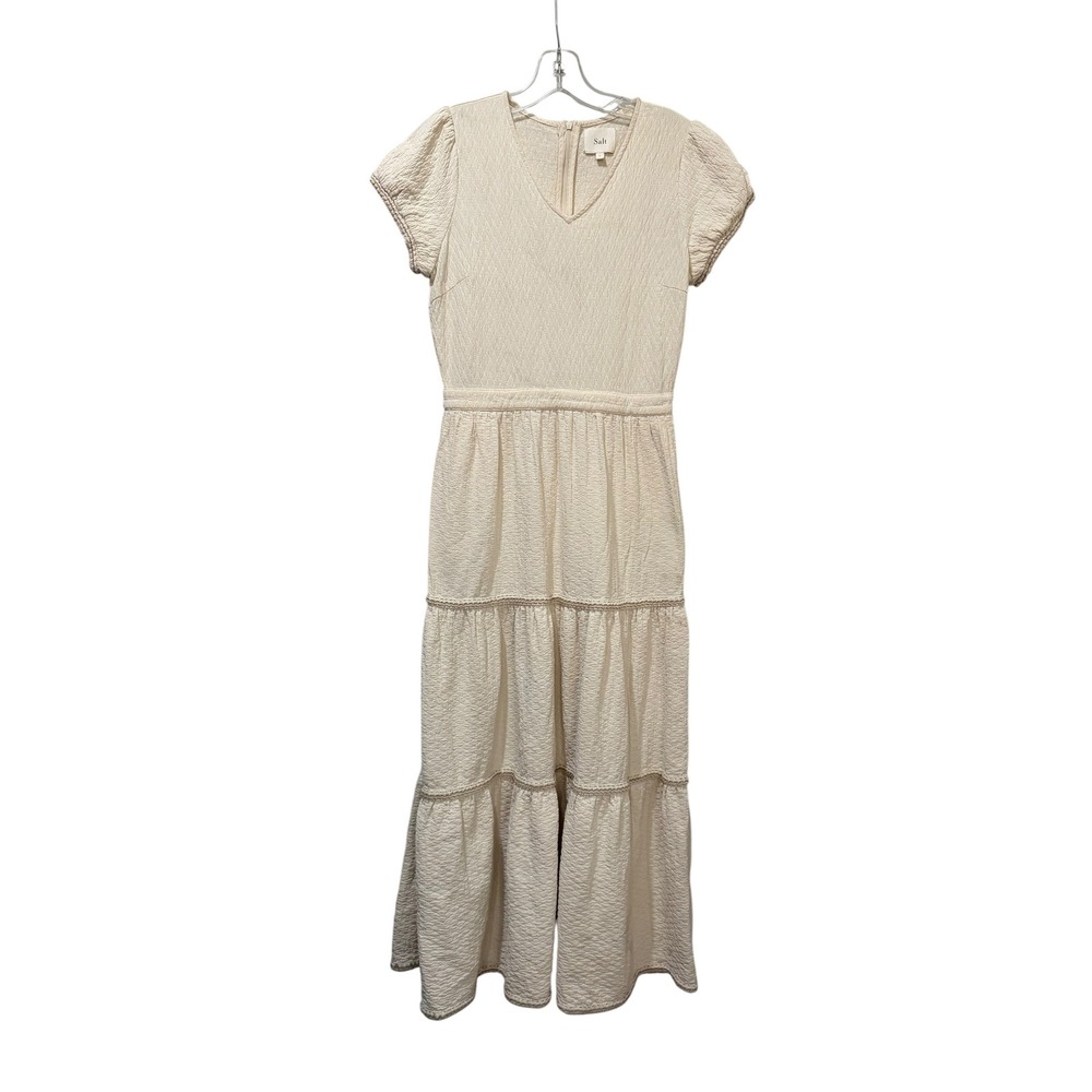 Salt Women Cream Cotton Textured Tiered Maxi Dress V-Neck Puff Sleeve Small